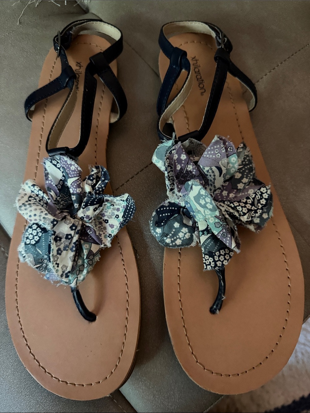 Xhilaration Navy Floral T-Strap Sandals with Multicolor Fabric Flower